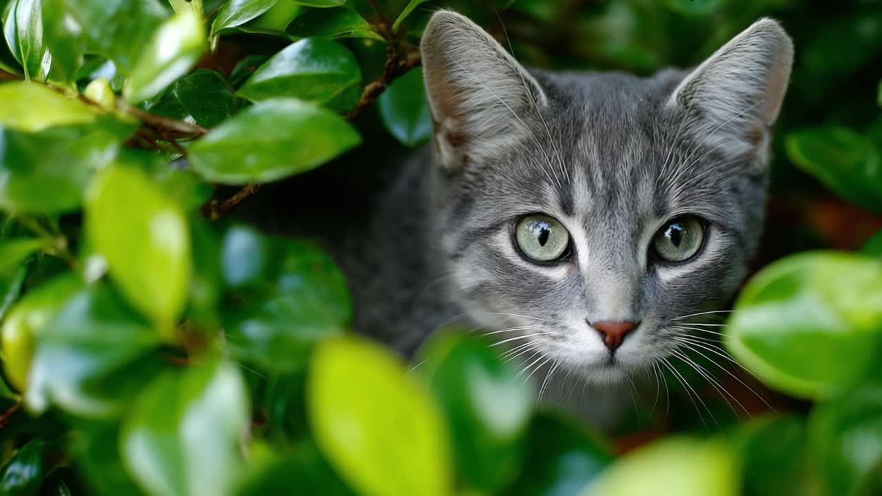 Curious Grey Cat Peeking Through Vibrant Green Leaves, Capturing the Essence of Nature's Serenity and the Playfulness of Feline Companions in a Beautiful Natural Setting