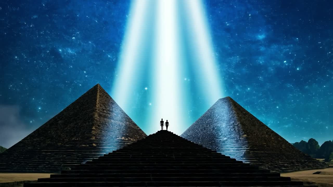 하늘에서 밝은 빛의 으로 밤에 피라미드 위에 서 있는 두 사람