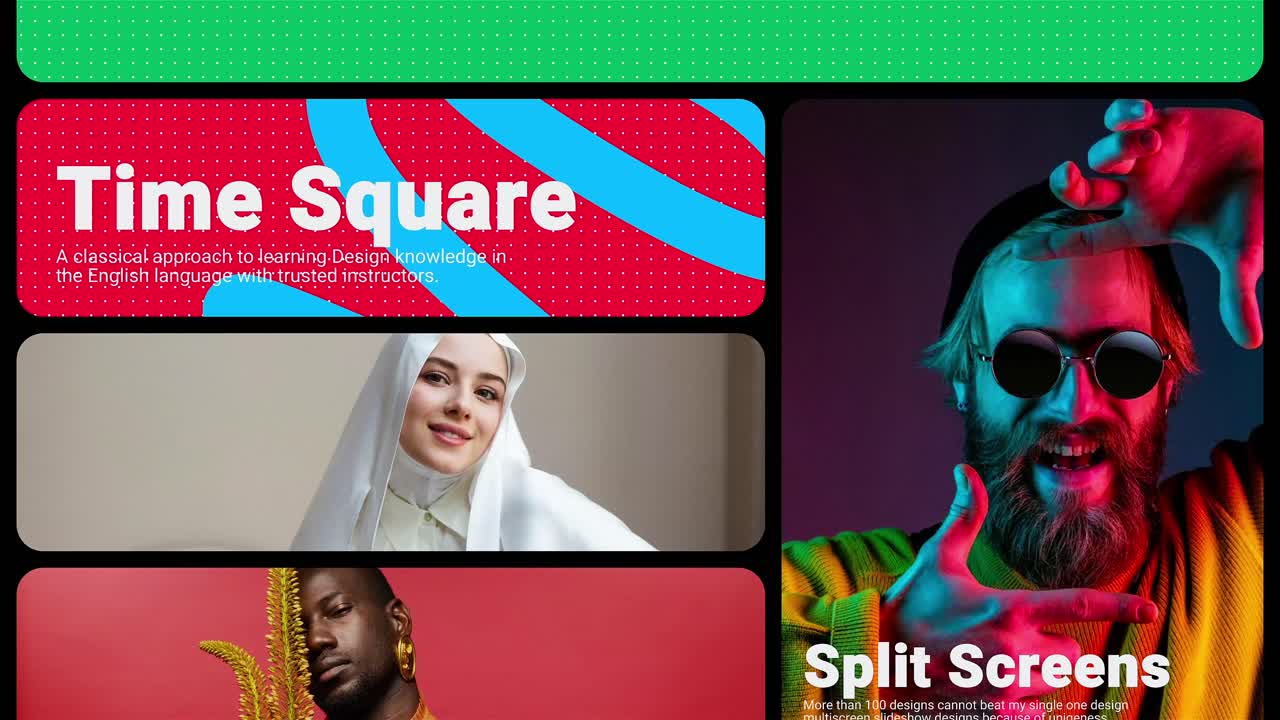 Modern bento-style multiscreen slideshow for dynamic photo and video layouts