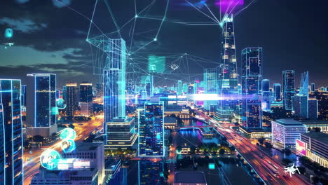 night city skyline with digital network overlay