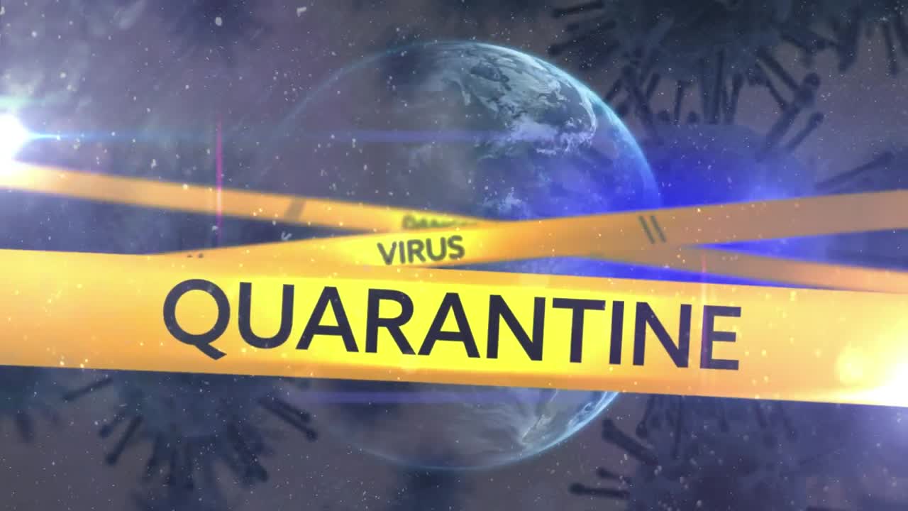 Yellow police tapes with Danger, Virus and Quarantine text against spinning globe