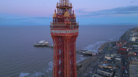 blackpool tower at observation deck level at dawn in winter