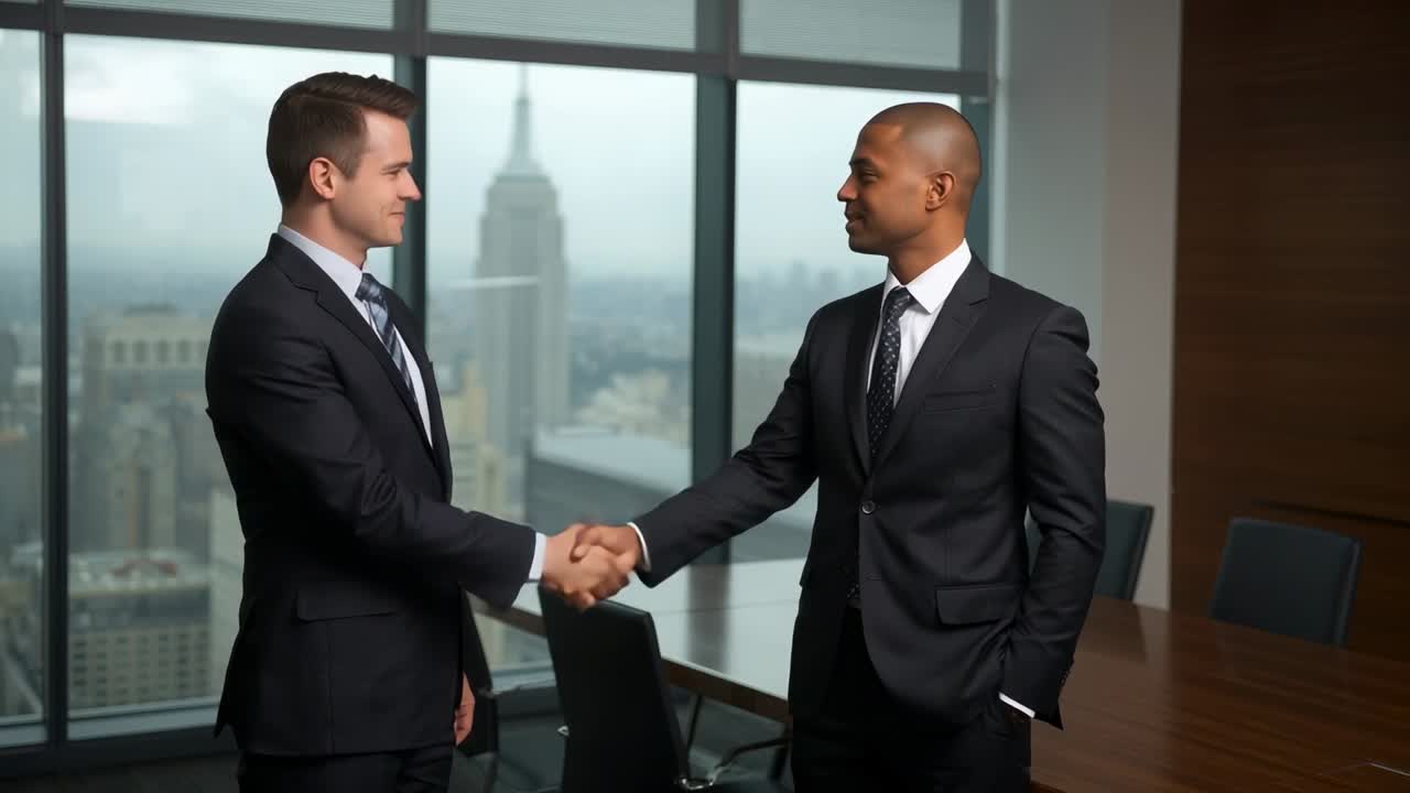 Extending right hands, two execs in suits shaking hands in meeting room with skyline sealing deal