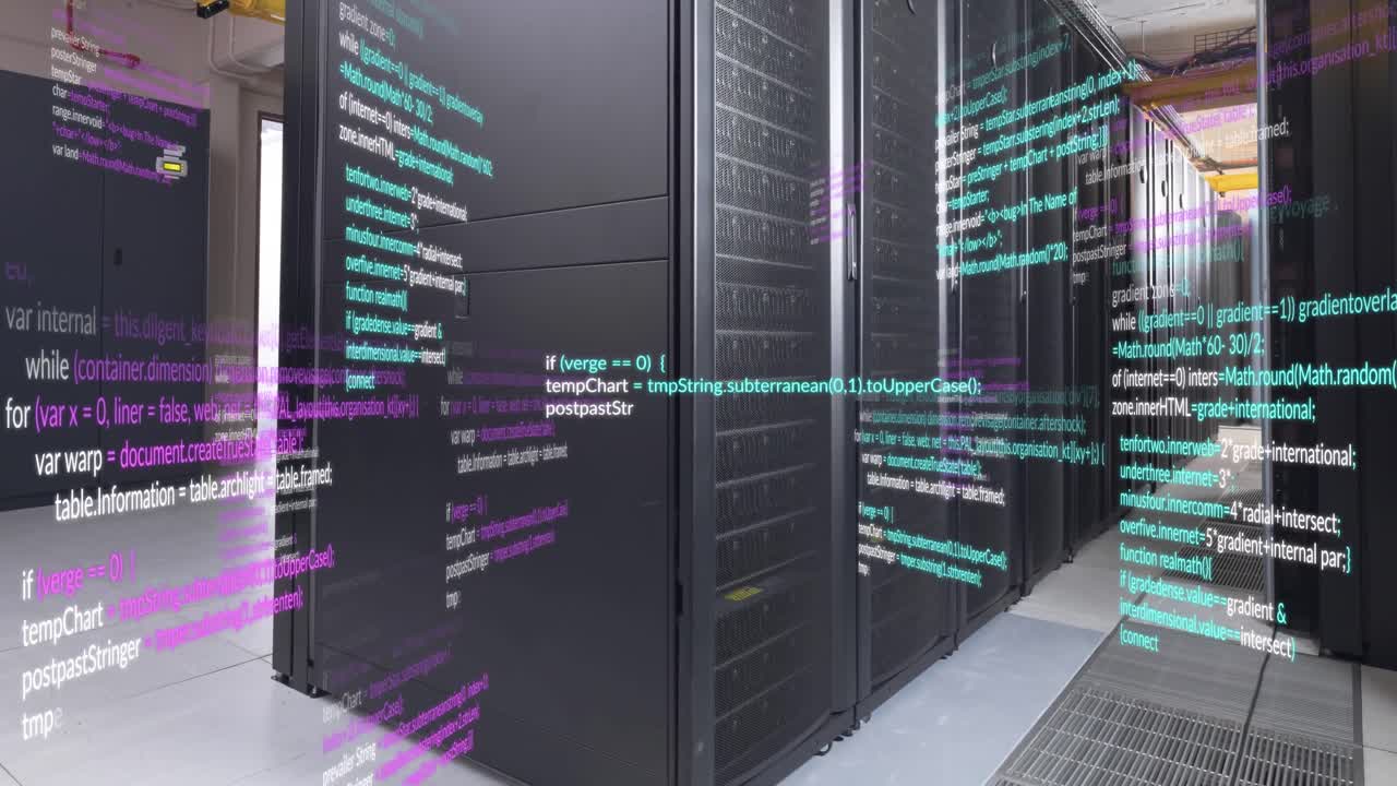 animação do processamento de dados contra uma sala de servidor de computador vazia