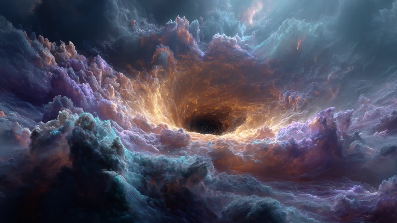 A mesmerizing cosmic phenomenon featuring a vivid vortex surrounded by ethereal clouds, radiating rich hues of orange, blue, and purple in a captivating celestial backdrop
