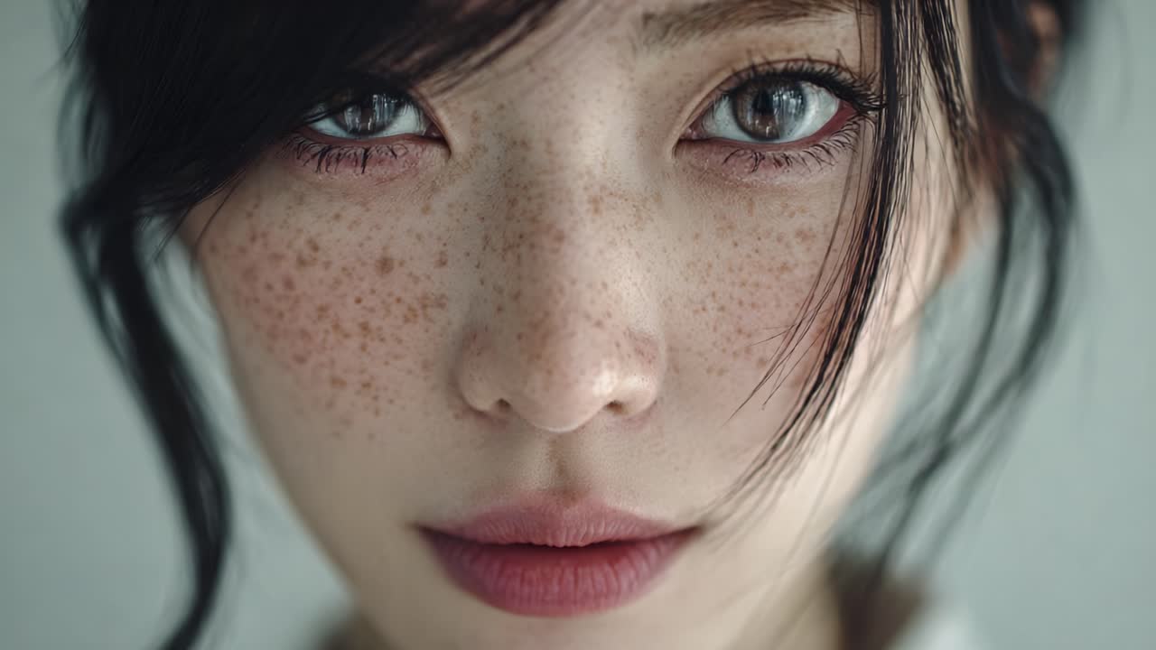 A Captivating Portrait of a Young Woman with Striking Freckles and Mesmerizing Eyes Captured in Creative Close-Up Photography