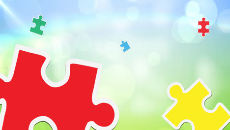 animation of green, yellow, blue and red puzzle pieces turning on green to blue background