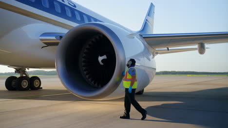 ground crew inspecting airplane engine