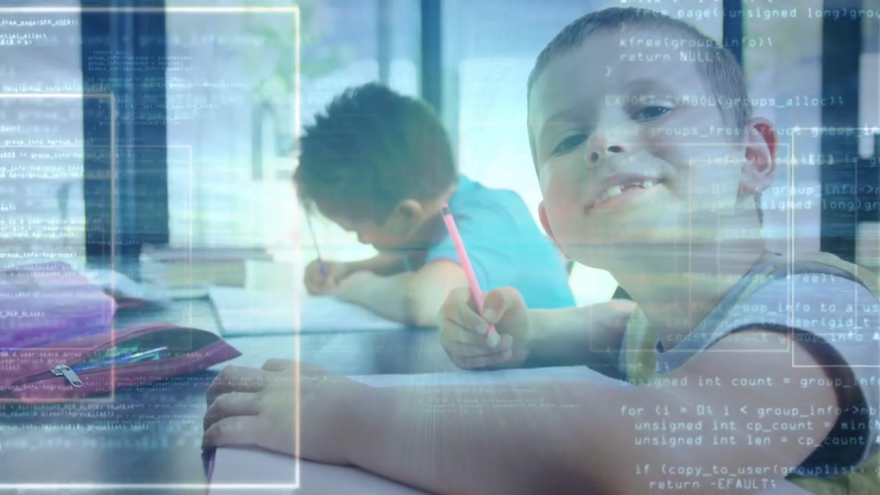 Main student pausing writing, lifting head, smiling, engaging viewer, education HUD overlaying desk
