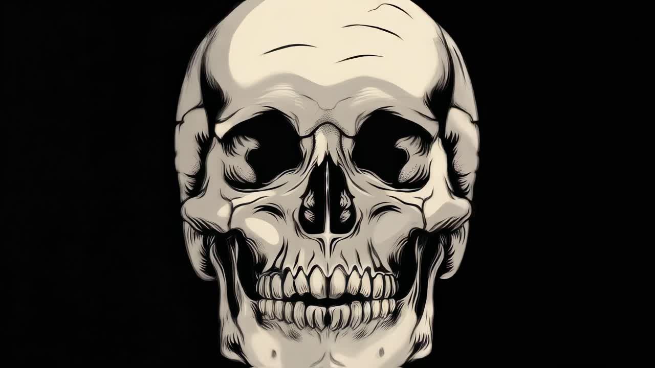 Rotating human skulls gradually emerging against stark black background, revealing intricate anatomical details with haunting, vintage style progression