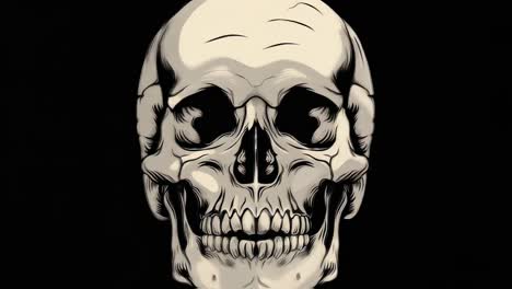 rotating human skulls gradually emerging against stark black background, revealing intricate anatomical details with haunting, vintage style progression