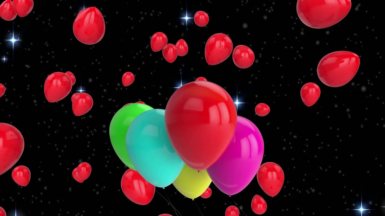 Rivelazione del fotogramma che inizia l'ascesa con palloncini centrali che si alzano, piccoli palloncini rossi che riempiono un campo stellato.