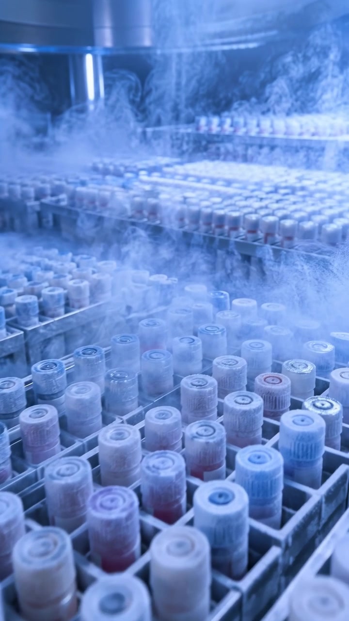 Rows of capped tubes remain fixed inside frosted metal holders while pale vapor swirls between them, with cool blue illumination emphasizing ice crystals, condensation, and repeating storage grids.