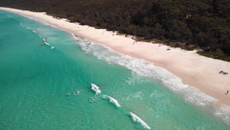 aerial overview of people on a paradise beach in jervis bay, nsw, australia - tilt, drone shot