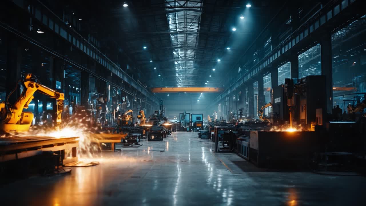 Illuminated Industrial Workspace Showcasing Advanced Robotics and Metal Fabrication Techniques, Highlighting the Fusion of Technology and Manufacturing Efficiency