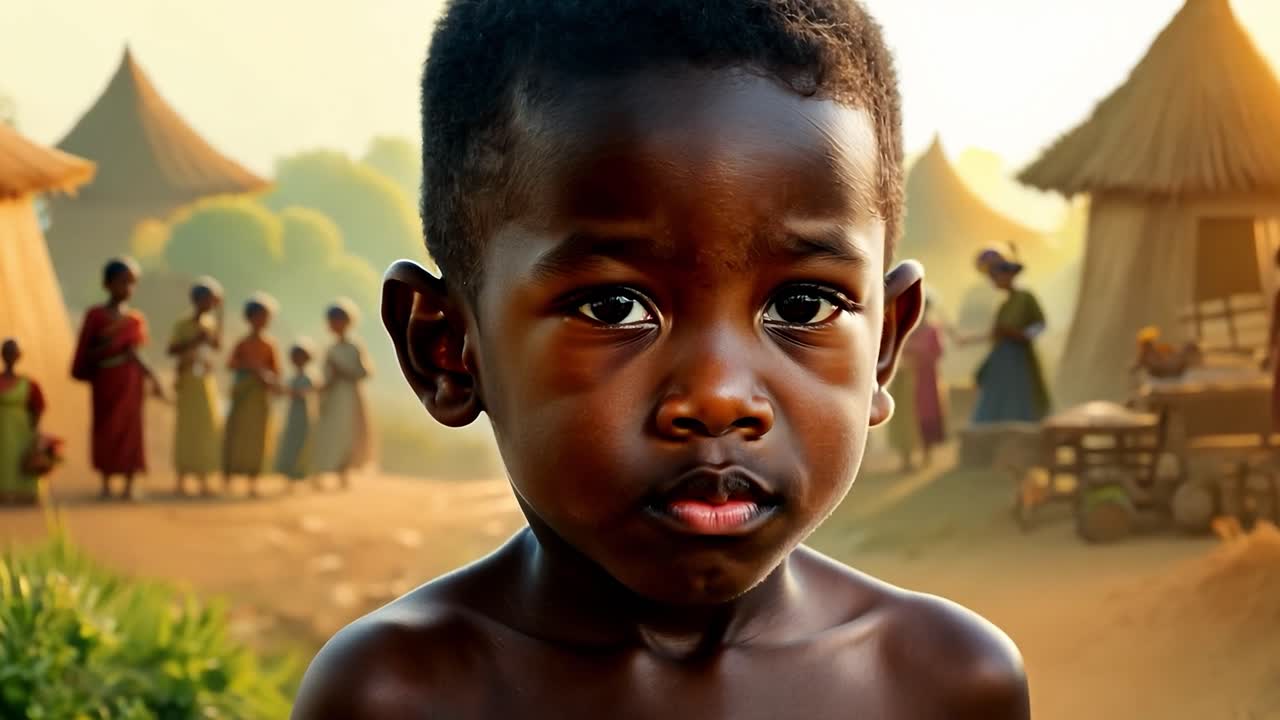 어린 소년은 전통적인 오두막과 사람들이 따뜻한 빛 아래 일상 활동을 하는 아프리카 마을의 삶을 관찰합니다.