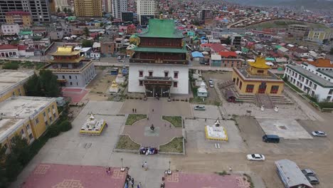 aerial drone shot of gandantegchinlen monasteryin mongolia ulanbator