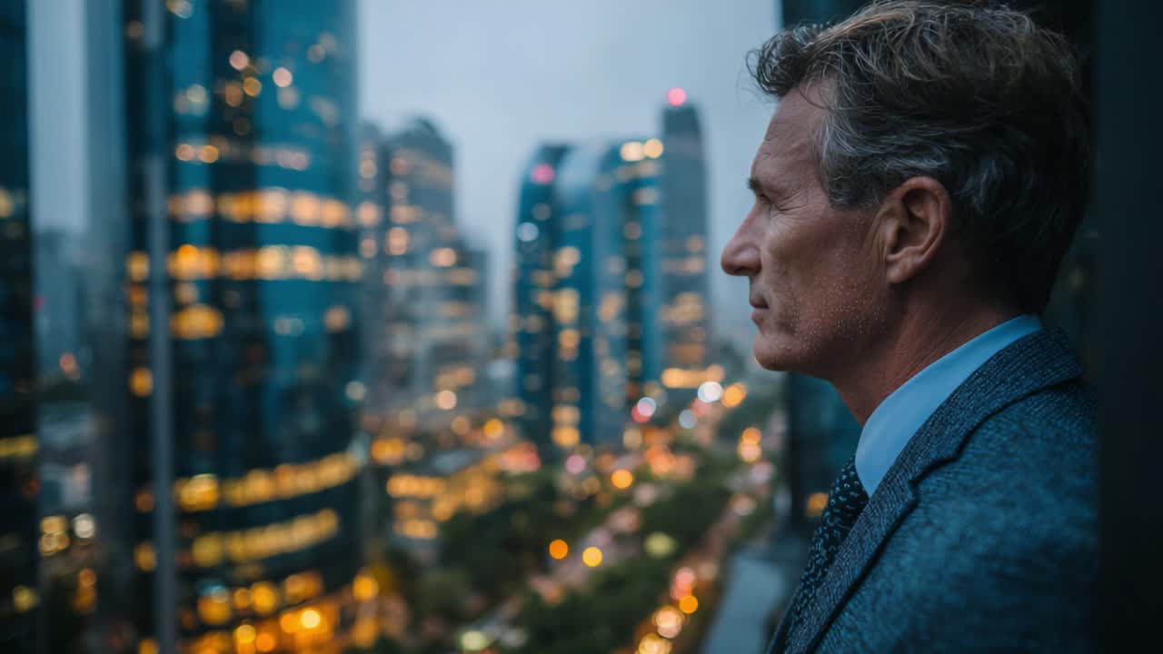 Reflective Moment in a Urban Landscape: A Man Contemplates Life While Gazing at a Cityscape at Dusk, Surrounded by Skyscrapers and Soft City Lights