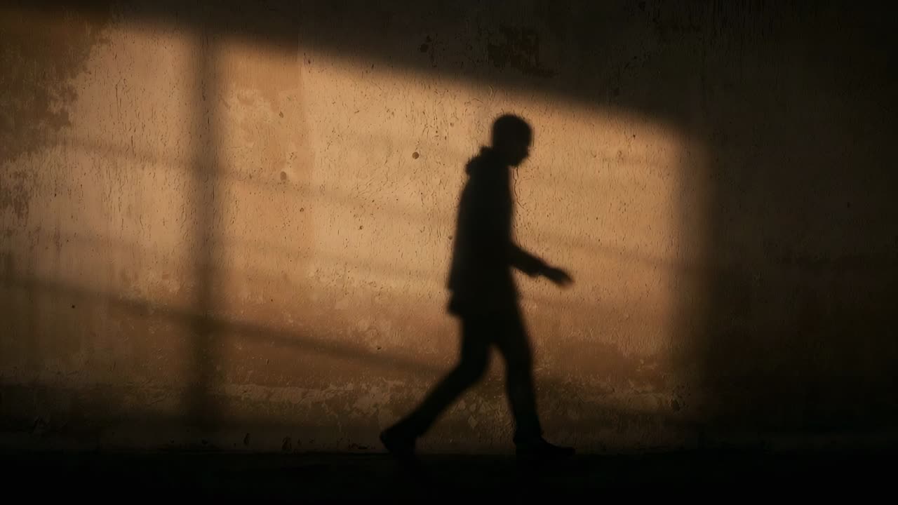 Entering hooded man moving left across concrete wall in warm grid light, casting shadow, copy space