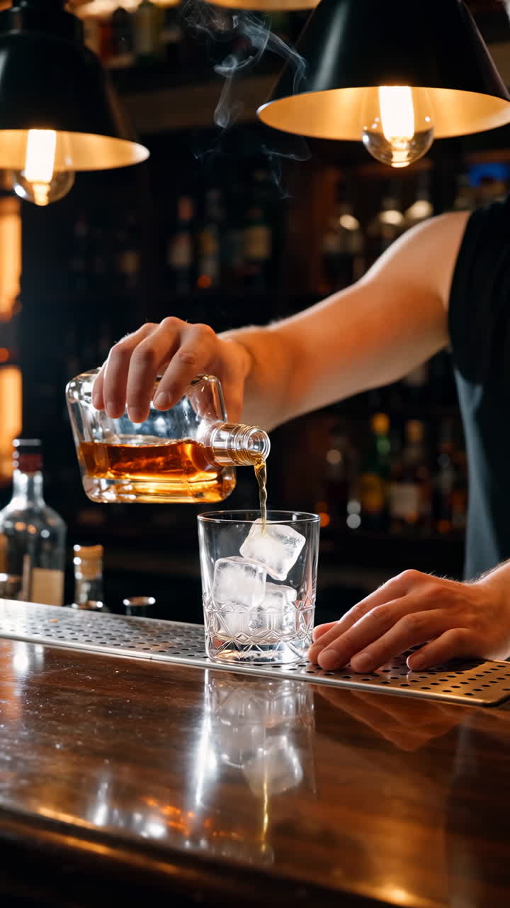 Il barista versa il whisky in un bicchiere con il ghiaccio in un bar