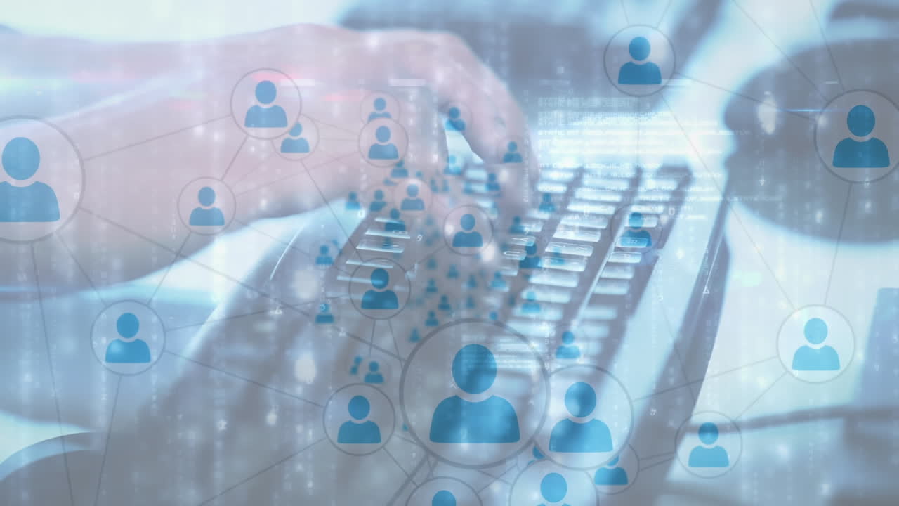 Animazione di persona che utilizza la tastiera di un computer, scheda di circuito di computer e rete di connessioni