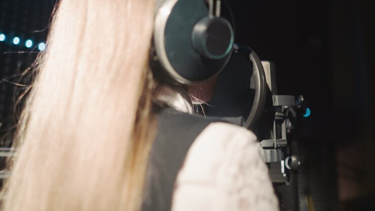 Kid sings song in record studio closeup. Blonde little girl with headphones sings in mic with sound filter in insulated room. Vocal lesson