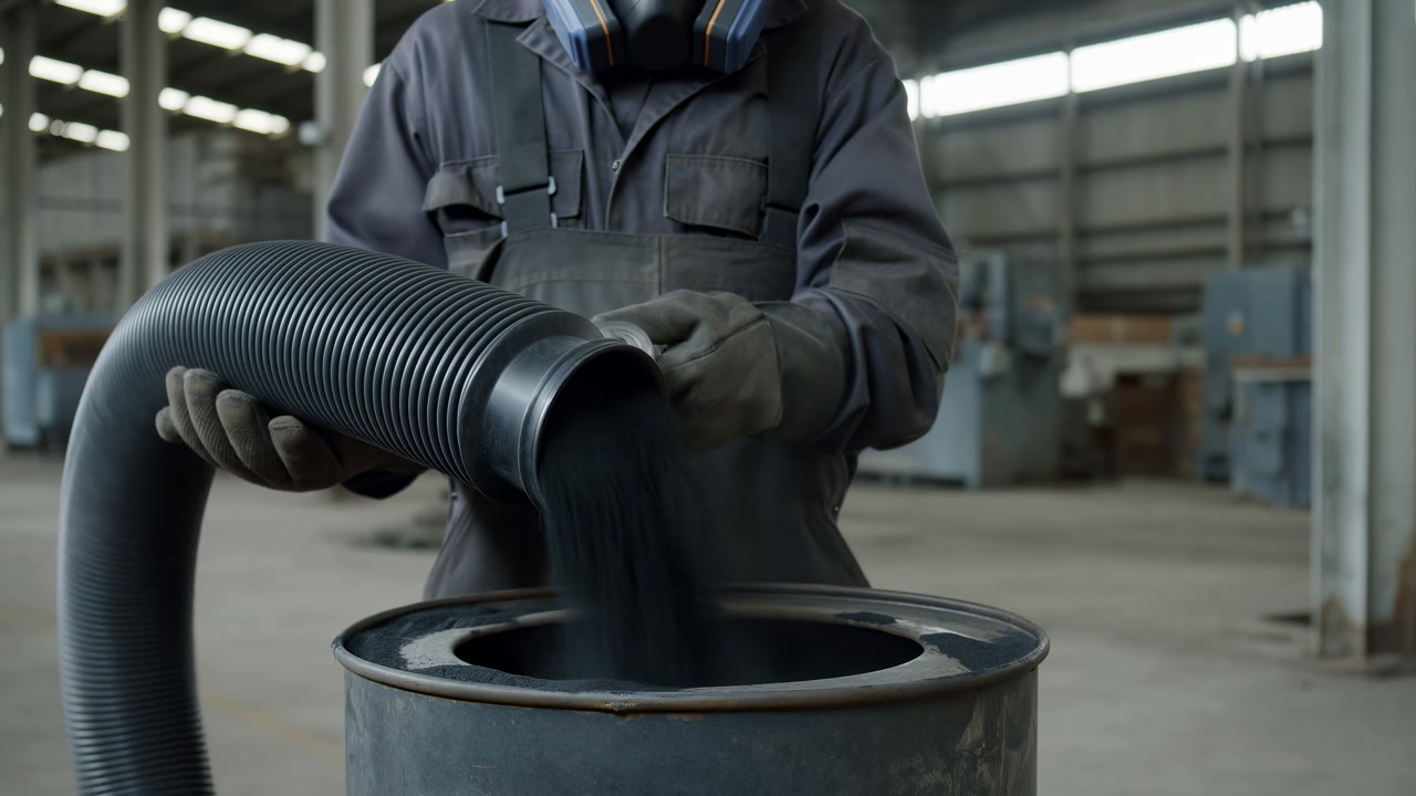 Factory Technician Placing Corrugated Hose Into Metal Drum Inside Dim Industrial Warehouse, Gloved Hands Guide