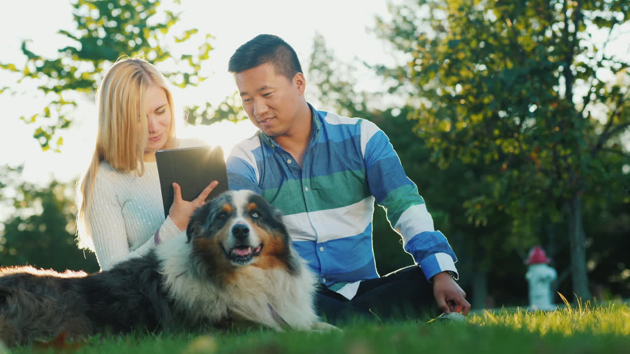 태블릿을 사용하는 강아지와 커플