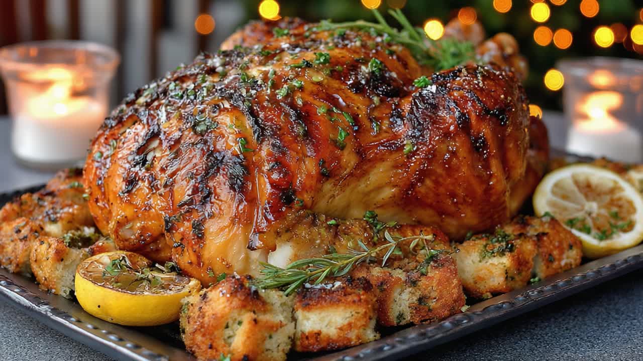 A Gorgeous Roast Chicken with Stuffing Surrounded by Candles and Holiday Ambiance Perfectly Capturing the Essence of a Festive Gathering