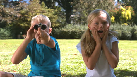 brother with binoculars showing something to his sister