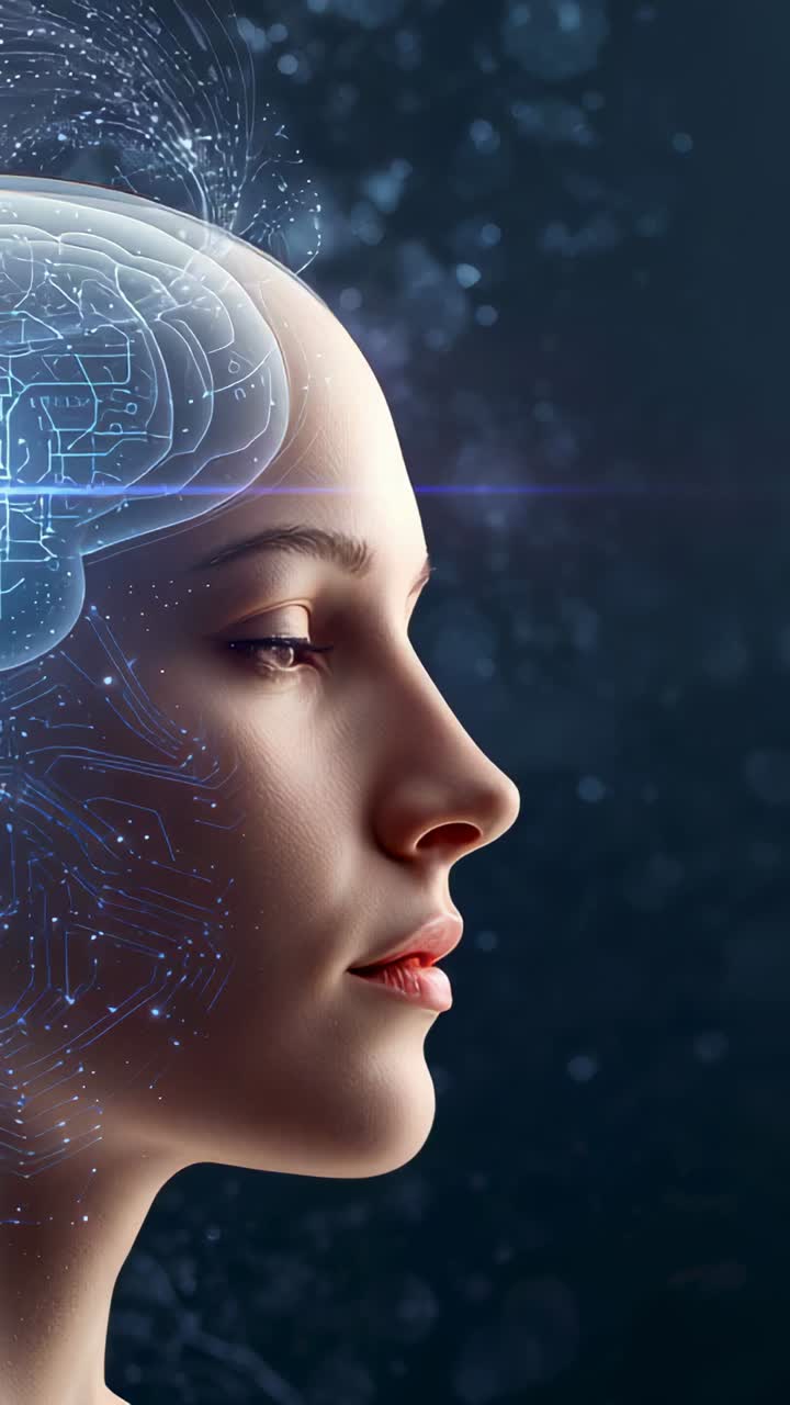 Vertical video: Showing her face in space with glowing brain overlay and sparks, copy space