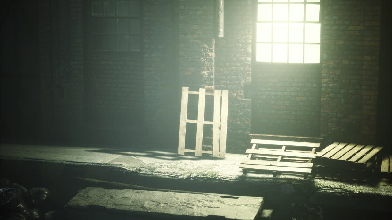 Urban alleyway with wooden pallets and soft light at dawn in a city