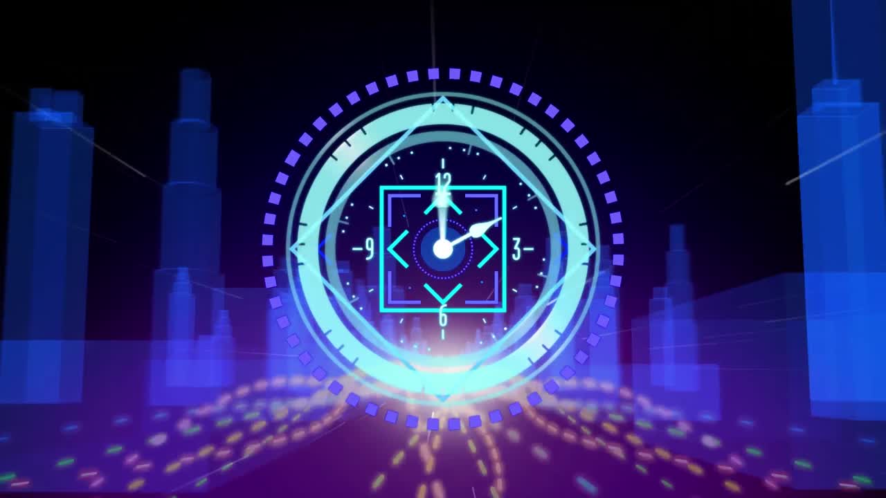 Animation of scope scanning with clock over digital cityscape