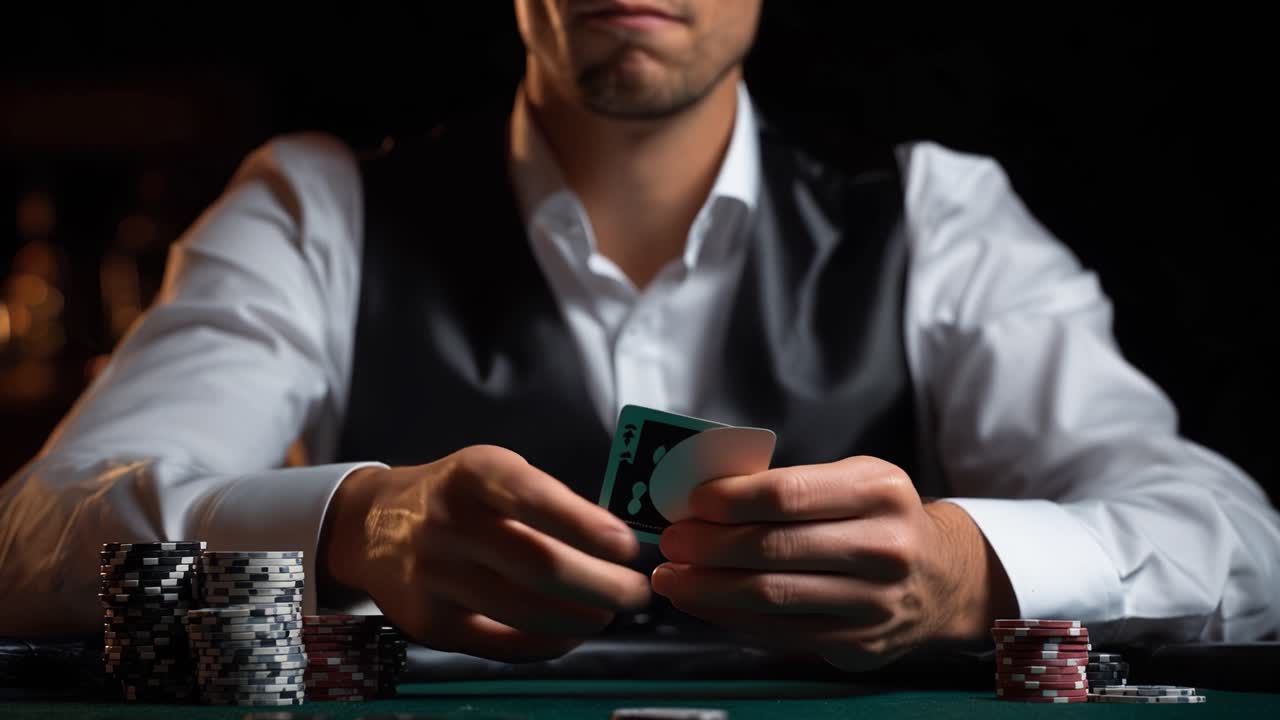 Et igangværende pokerspil: En dygtig spiller strategiserer med kort og jetoner, hvilket viser spænding og strategi i det spilmiljø med høje indsatser.