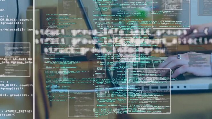 Overlays appearing, hands typing laptop keys while code windows multiplying and scrolling to debug