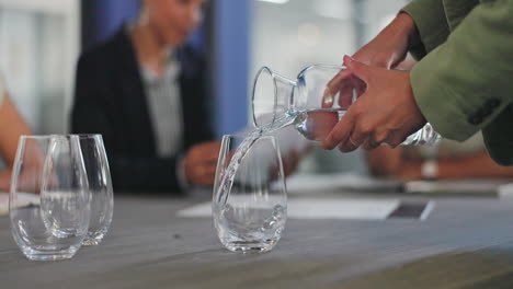 business staff, hands and pouring water into glass
