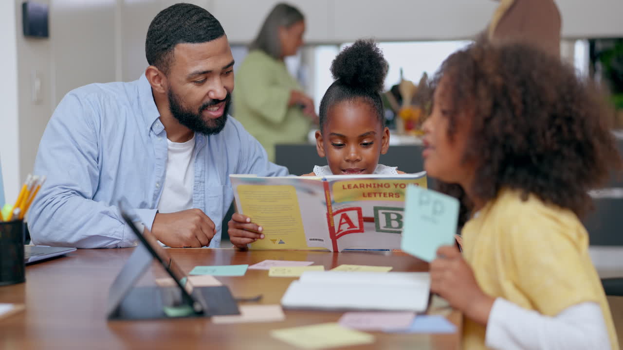Father, children and reading book for learning