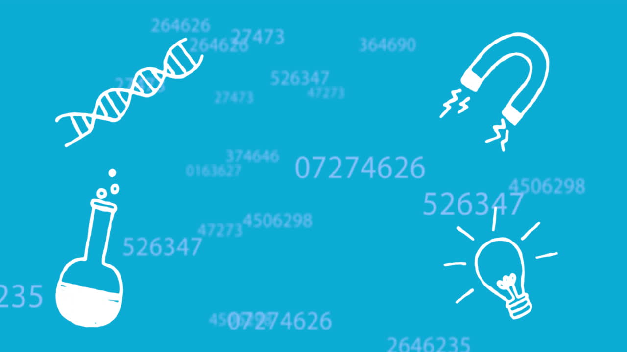 animación de iconos de laboratorio y procesamiento de datos en fondo azul