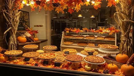 A Stunning Display of Autumn Desserts Showcasing an Array of Pies and Sweet Treats Surrounded by Vibrant Fall Leaves and Festive Decorations in a Cozy Bakery Window
