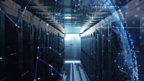 animation of shapes moving and globe over server room