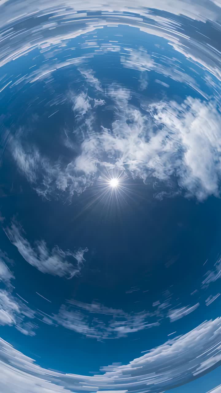Vertical video: Opening with fisheye warp, clouds circling sun, masking starburst with contrails