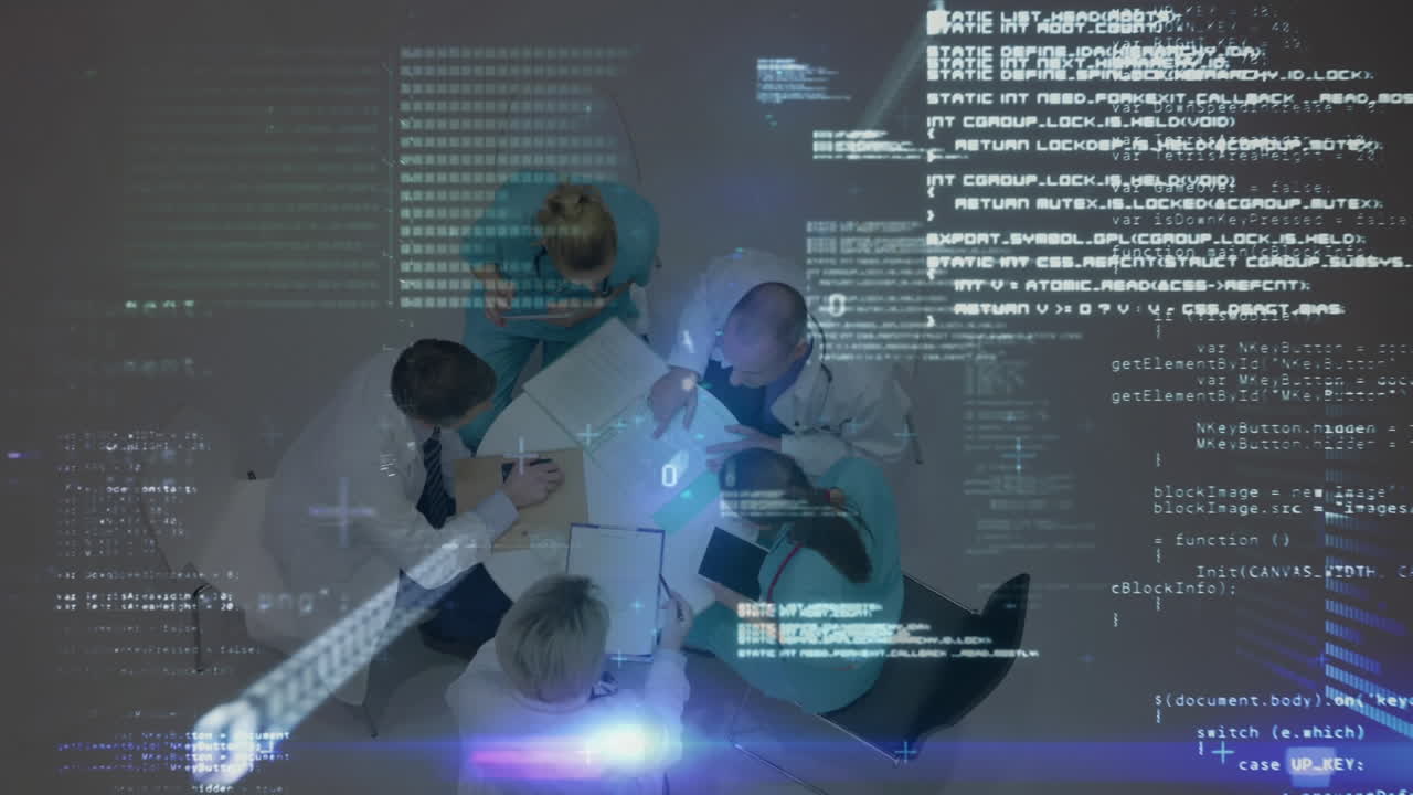 Blue light animation and data processing enhance medical team's research discussion.