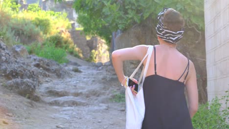 tourist, girl, walking, abandoned village, exploration, adventure, travel