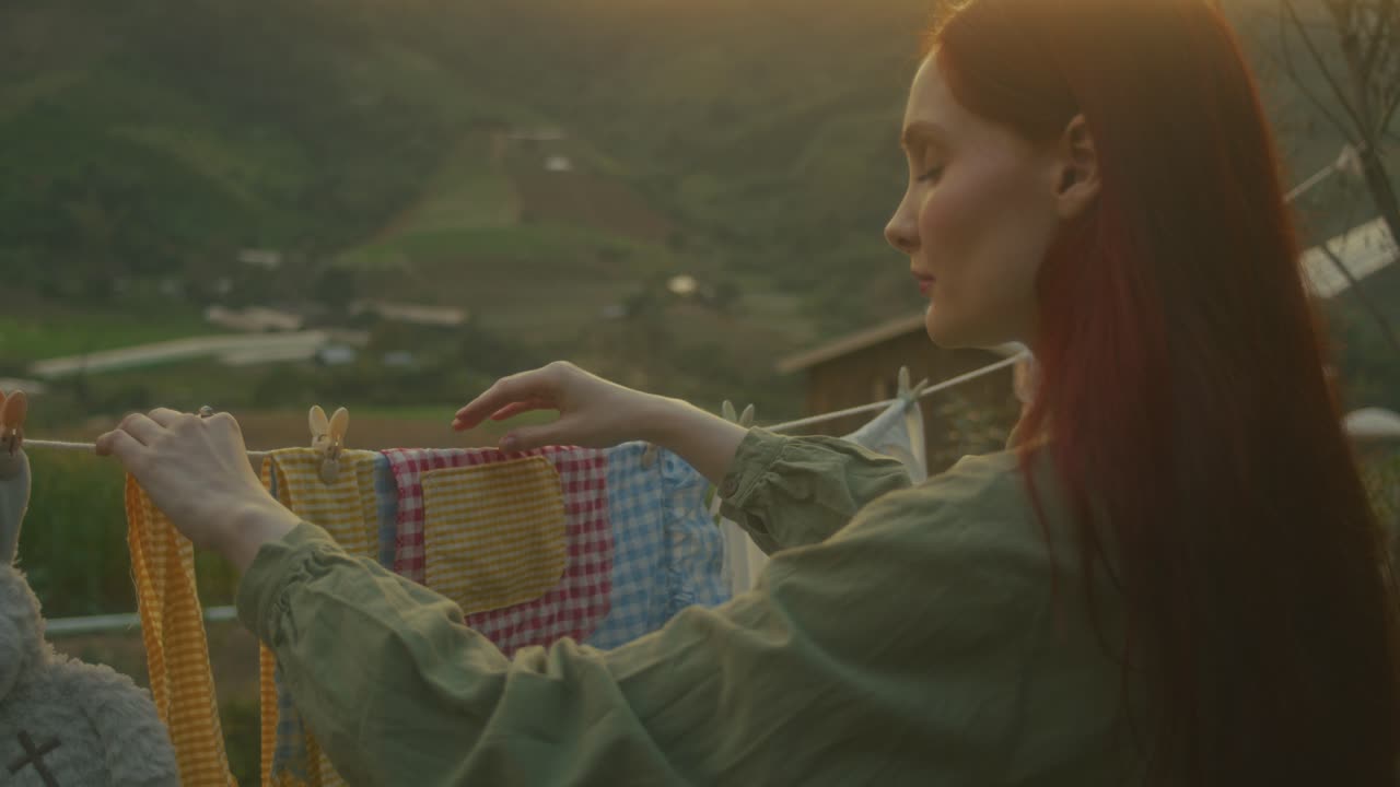 Woman Drying Laundry in a Mountainous Village at Sunset