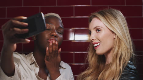 Two-Young-Female-Friends-Posing-For-Selfie-Reflected-In-Mirror-Of-Bathroom-In-Club