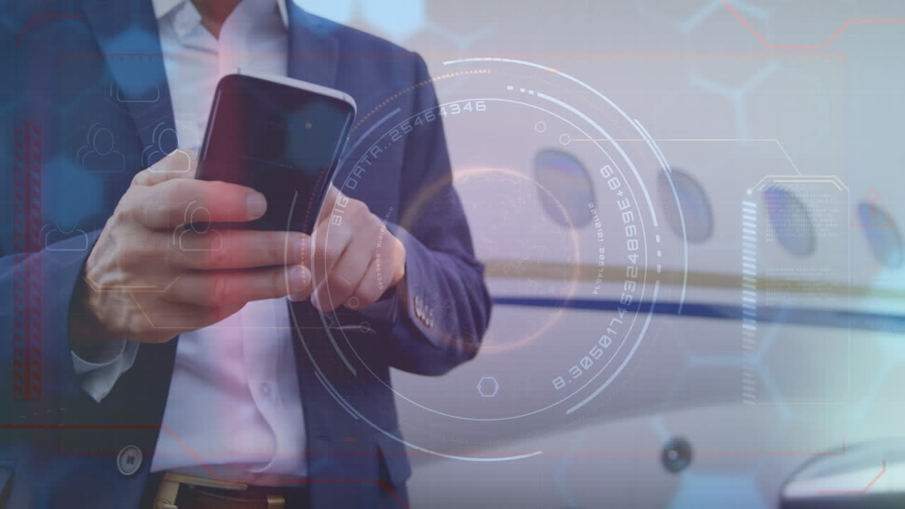 animación de mapa del mundo y empresario caucásico usando teléfono inteligente sobre el paisaje urbano