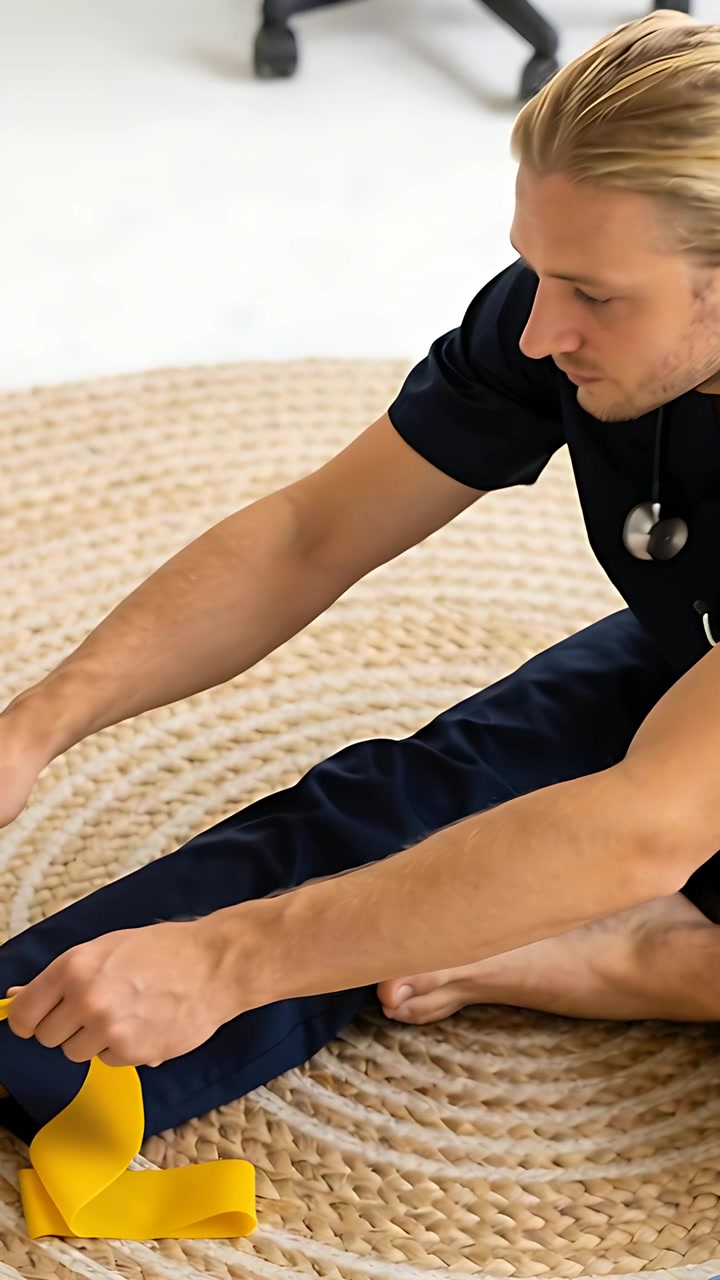 Video verticale: Uomo in divisa medica con stetoscopio che si allunga per tirare una fascia gialla su un tappeto intrecciato per la riabilitazione