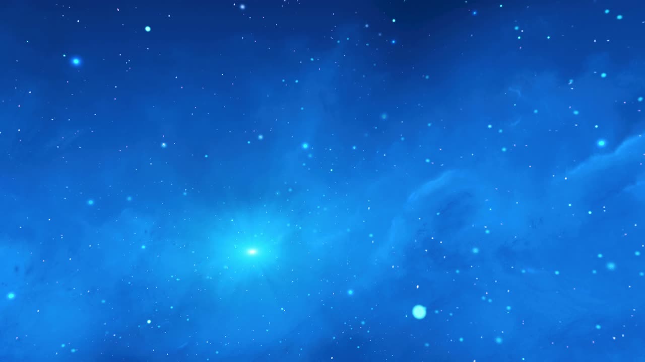 우주 장면: 별과 함께 끔한 푸른 성운을 통해 날아갑니다.