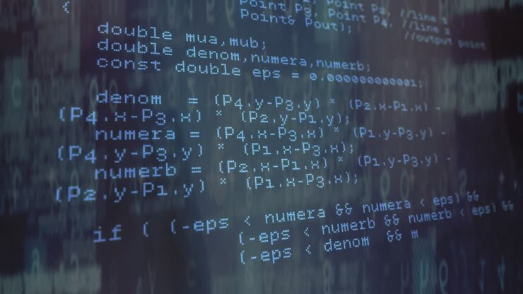 Blauwe code gloeit op donker scherm, toont variabele berekeningen met stromende binaire cijfers.