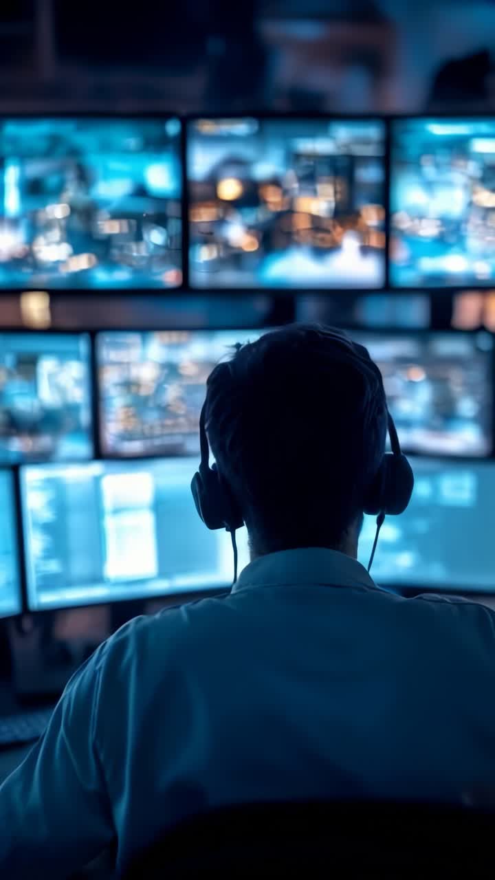 A man is sitting in front of a computer monitor with a headset on, security concept.